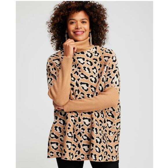 Chico's Animal Print Turtleneck Pullover Sweater Sx Large XL EUC Dolman Sleeves - Picture 1 of 11